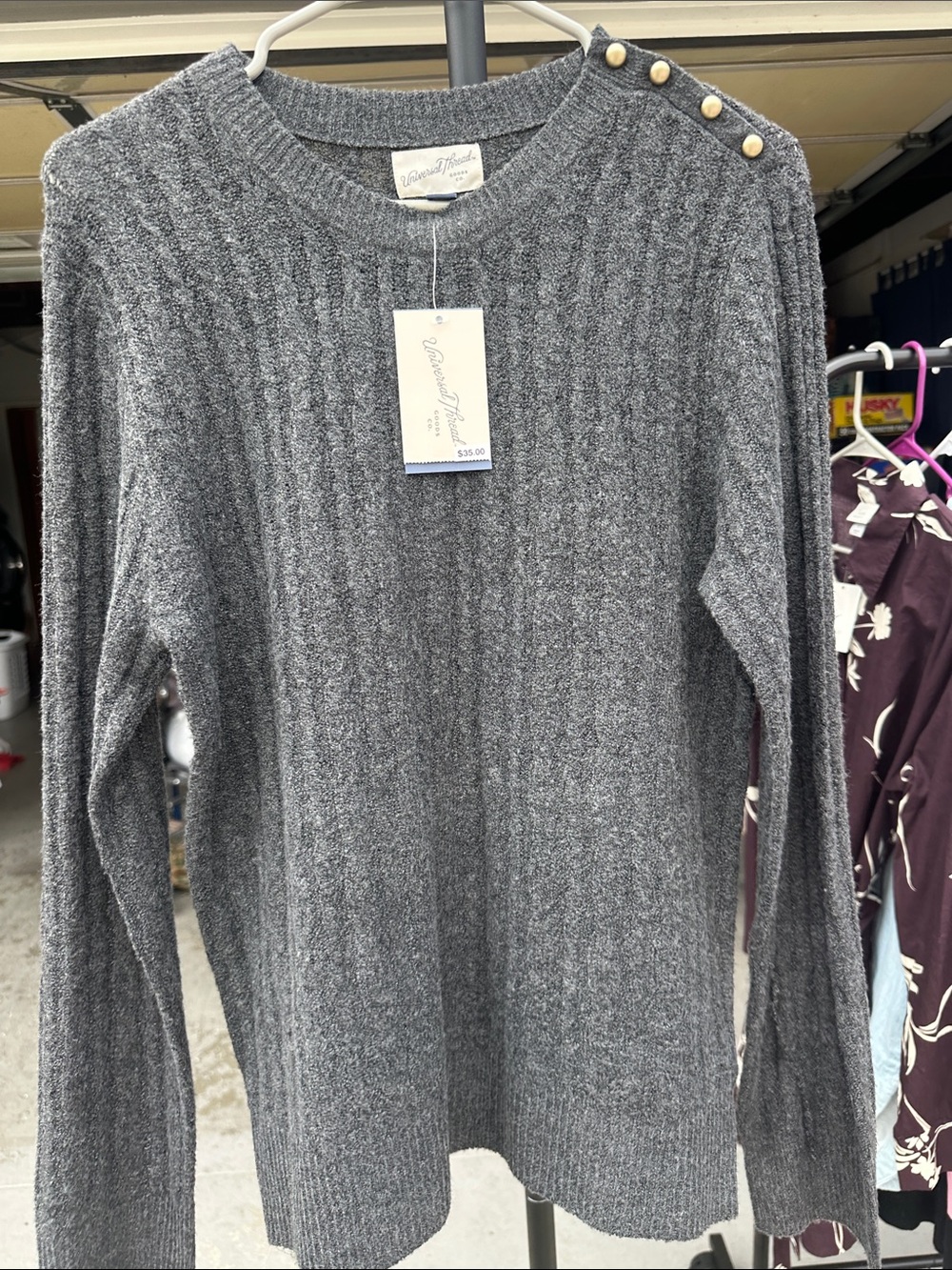 Universal Thread Charcoal Ribbed Crew Sweater with Shoulder Buttons